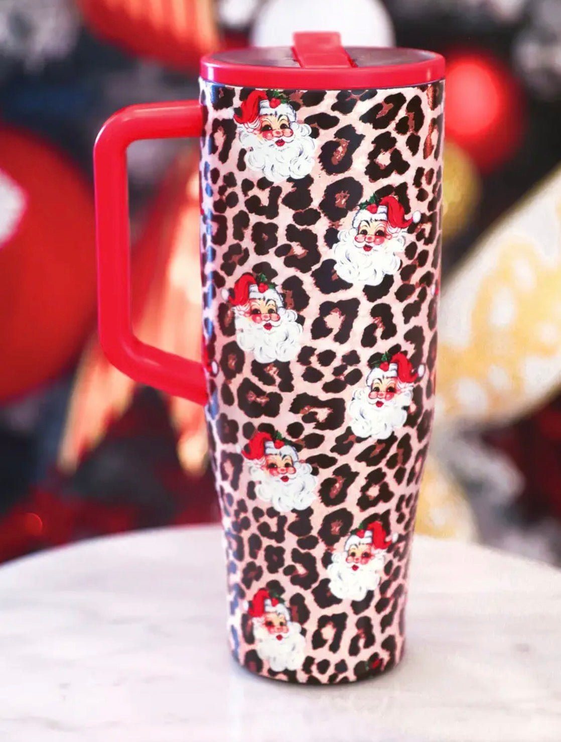 Santa Leopard Print Christmas Tumbler with Handle