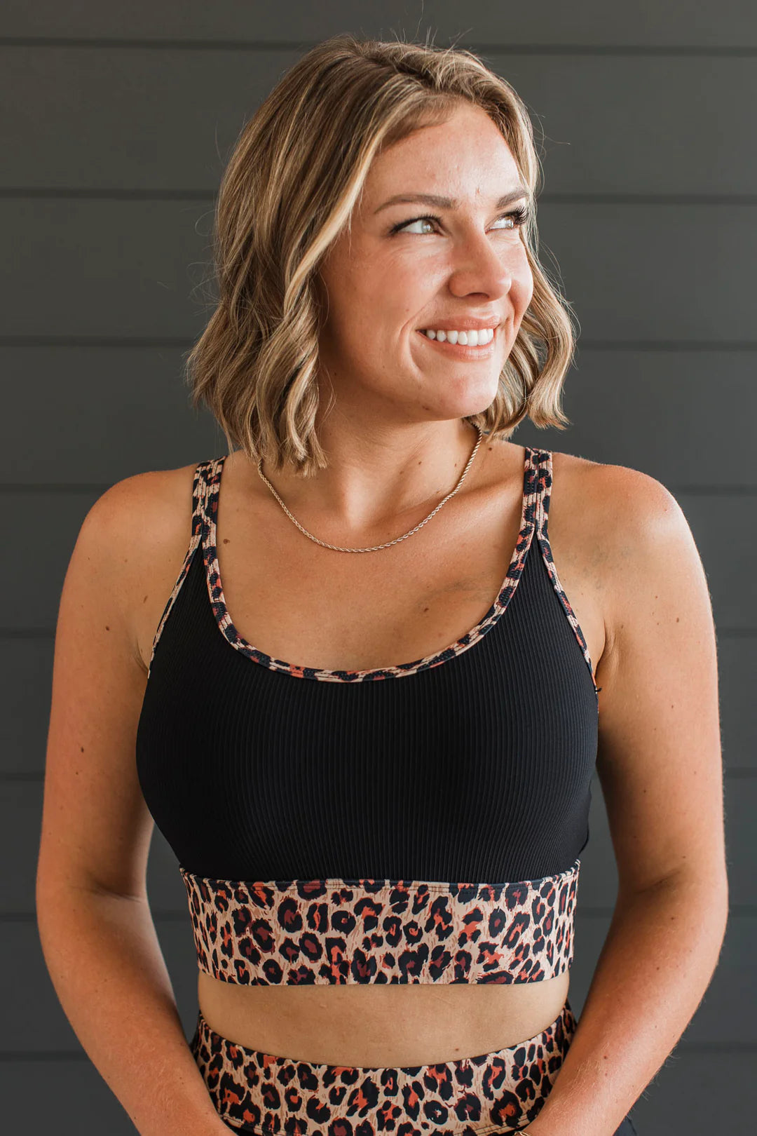 Chasing Tides Ribbed Swim Top- Black & Leopard
