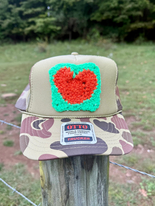 Camo Bill Trucker Hat with Orange Heart Crochet Patch