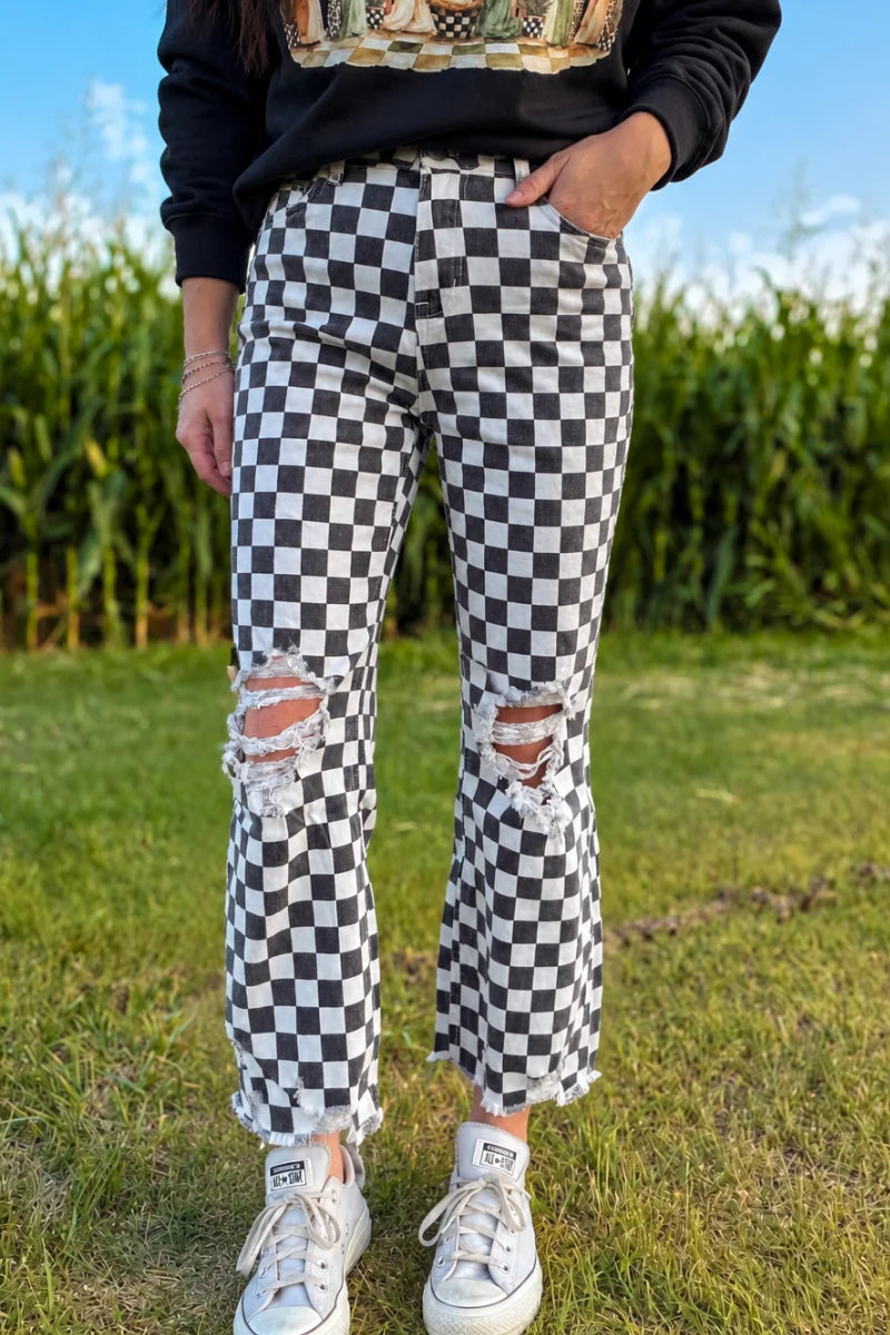 Black & White Checkerboard Distressed Jeans