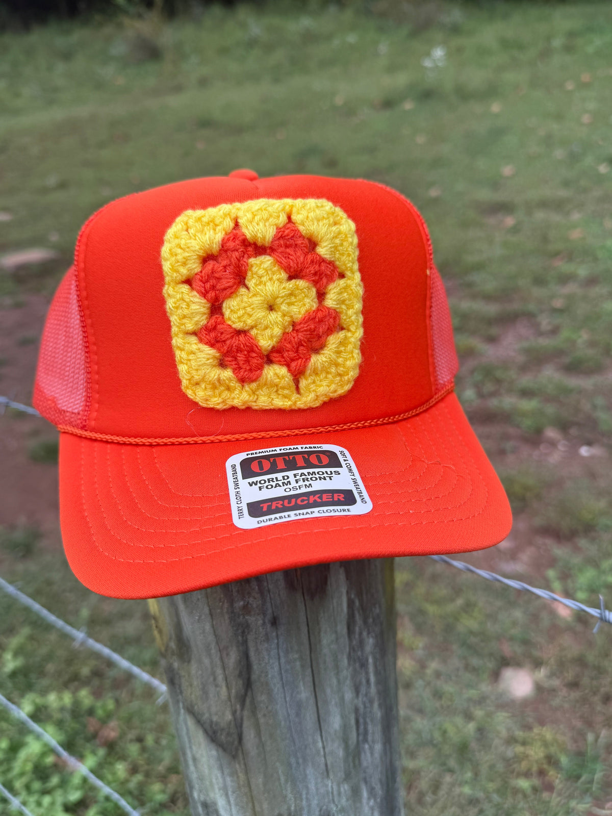 Neon Orange Trucker Hat with Yellow & Orange Crochet Patch