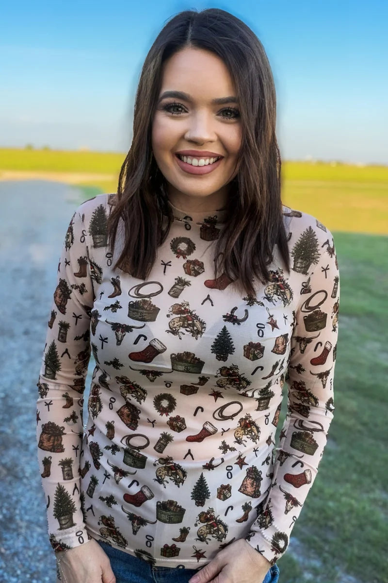 Western Christmas Print Long Sleeve Top
