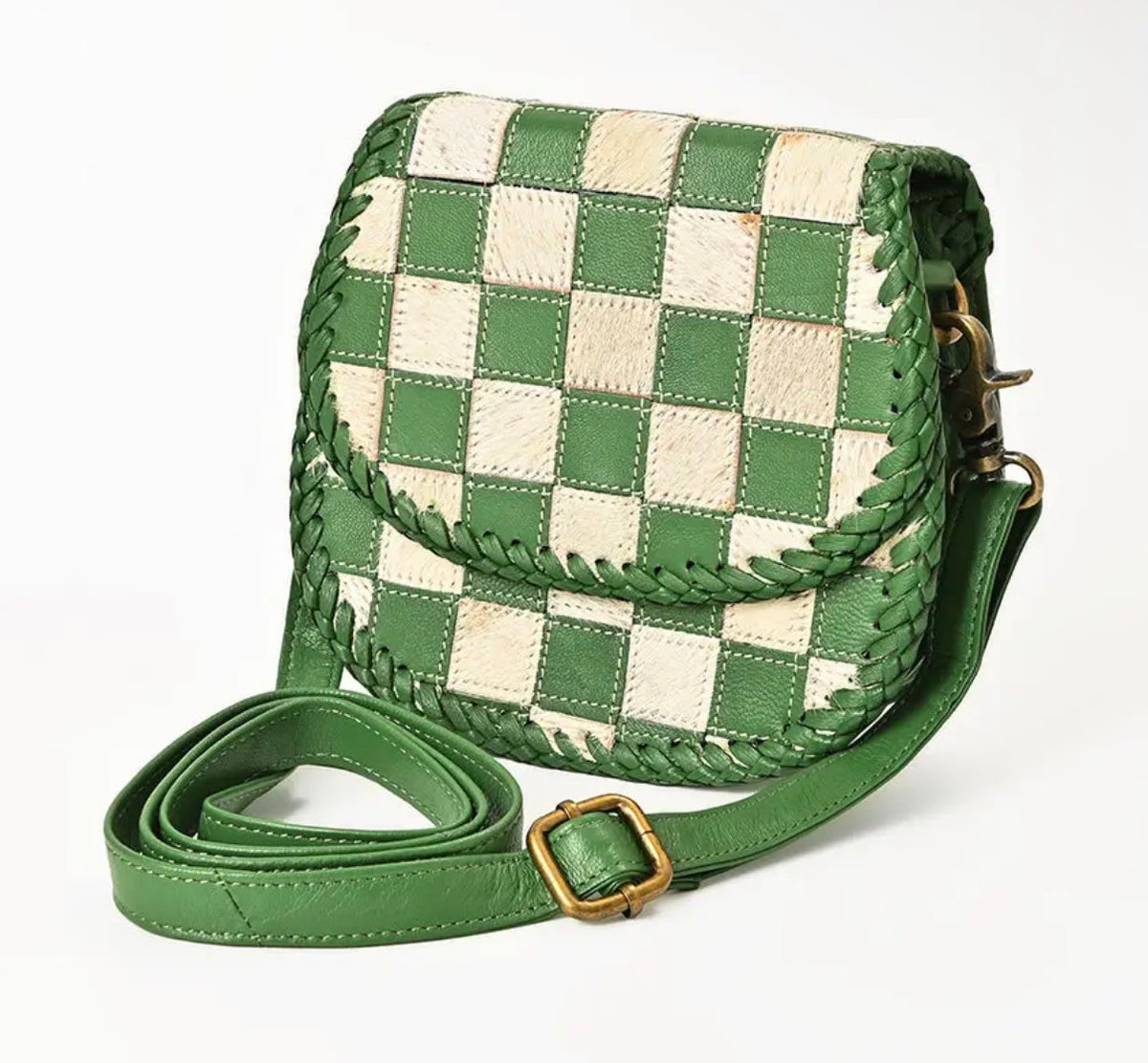 Green Checkered Bag With Cowhide