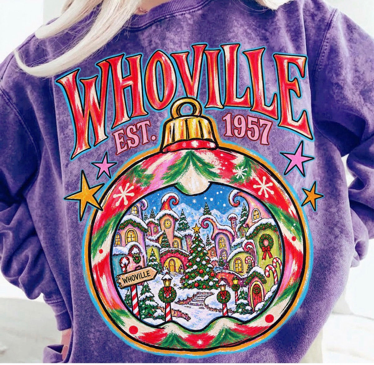 Whoville Christmas Ornament Sweatshirt – Purple Crewneck
