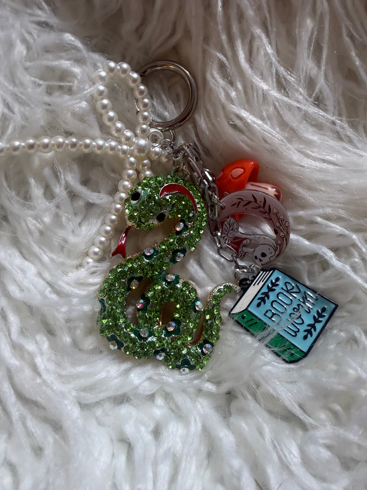Green Rhinestone Snake & Bookworm Charm Keychain
