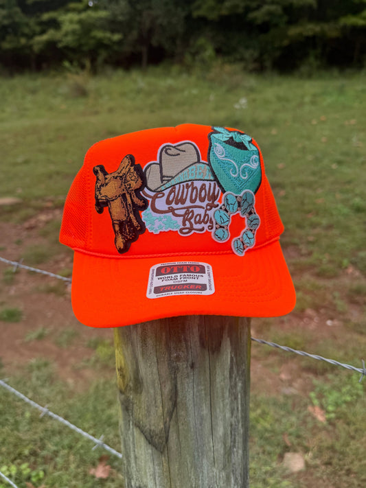 Neon Orange Cowboy Babe Western Patch Trucker Hat