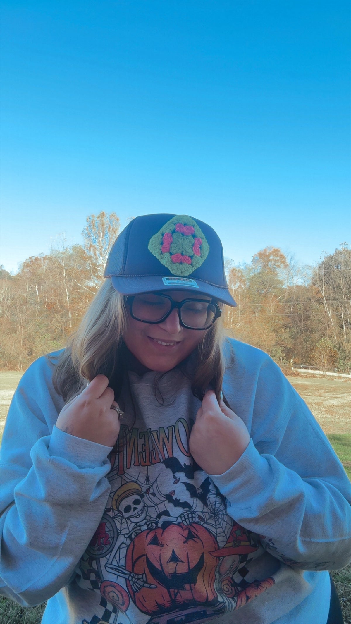 Brown Trucker Hat with Turquoise & Orange Textured Patch
