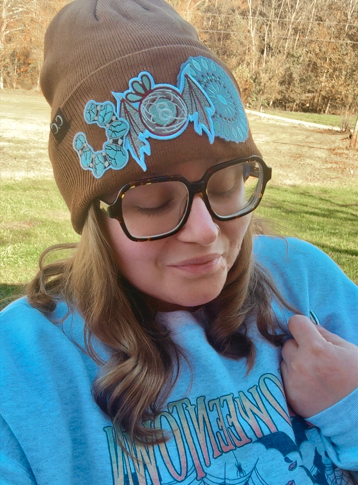 Soooky Mustard Western Turquoise Patch Beanie