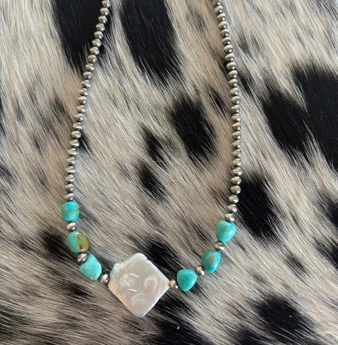 4mm Sterling With Genuine Turquoise and Freshwater Pearl Necklace