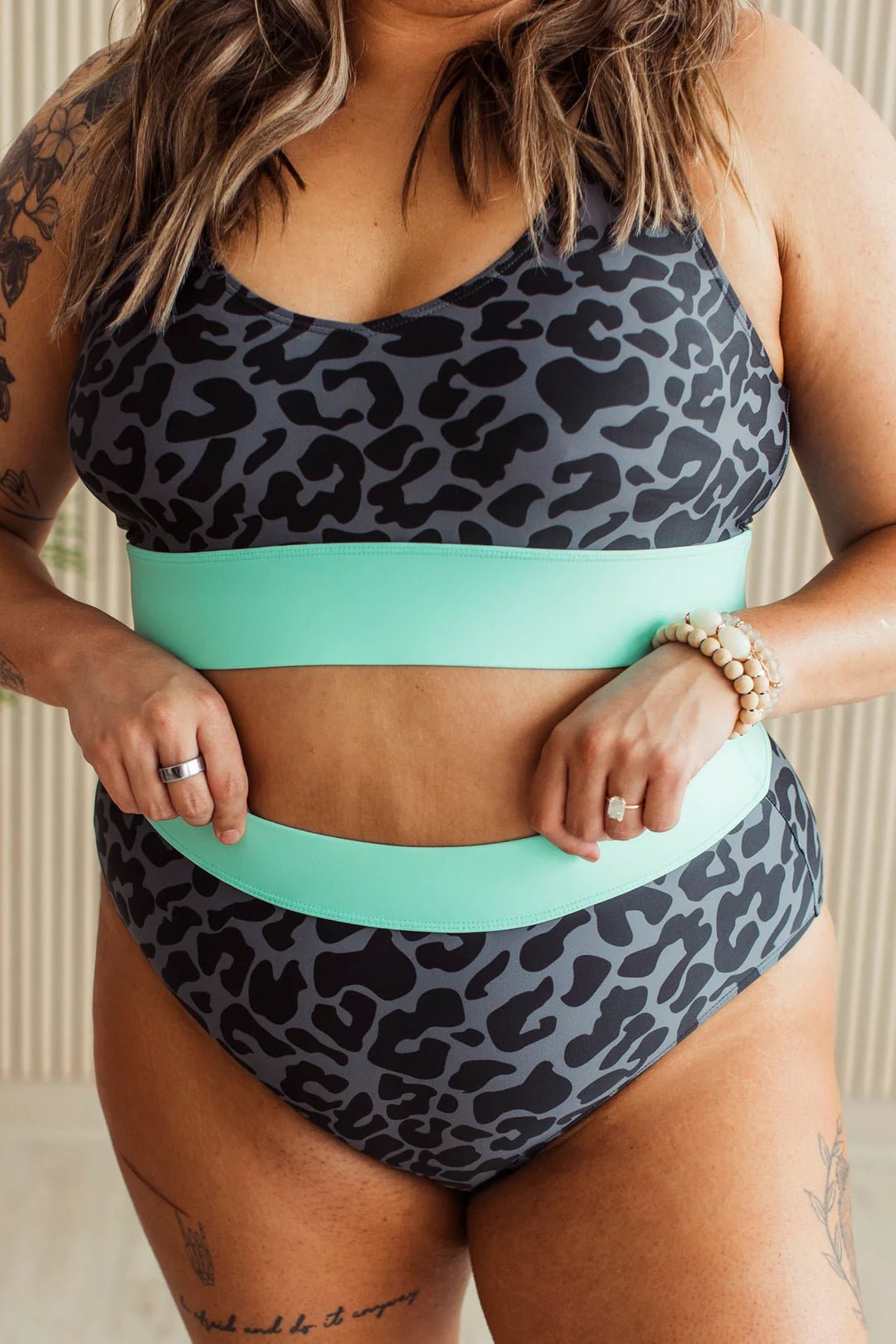 Ray Of Sunshine Swim Bottoms- Charcoal Leopard & Mint