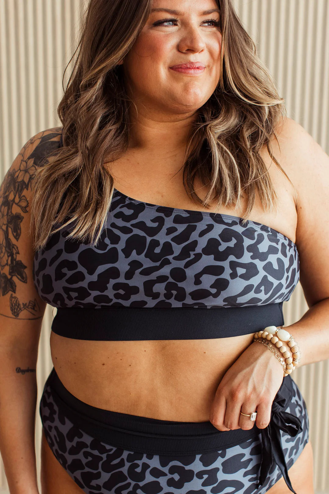 Island Style One-Shoulder Swim Top- Charcoal Leopard & Black