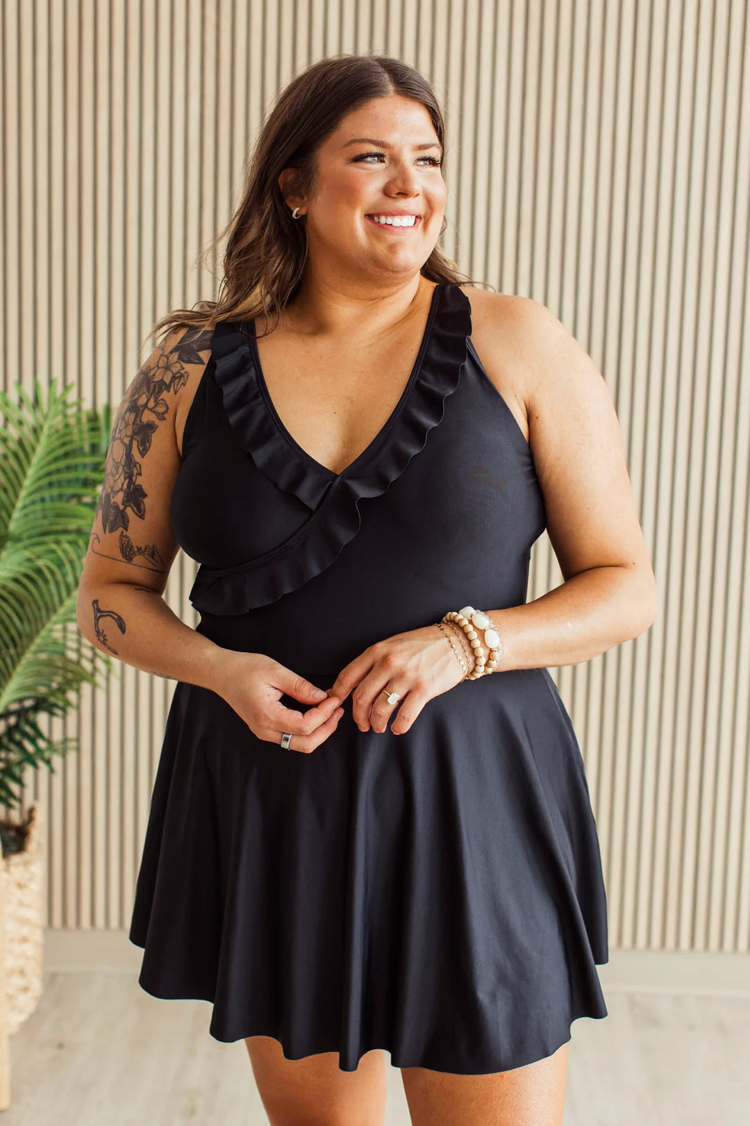 Off To The Coast Ruffle Swim Dress- Black