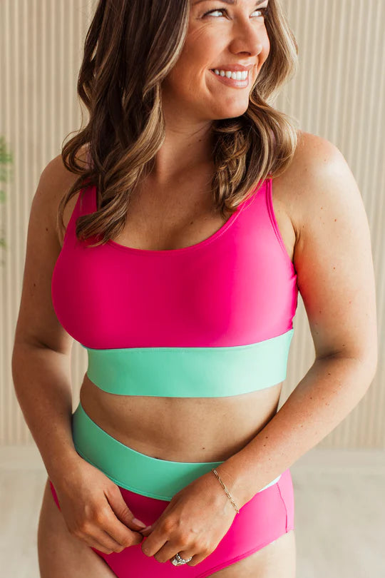 Catching Waves Bikini Swim Top- Mint & Pink