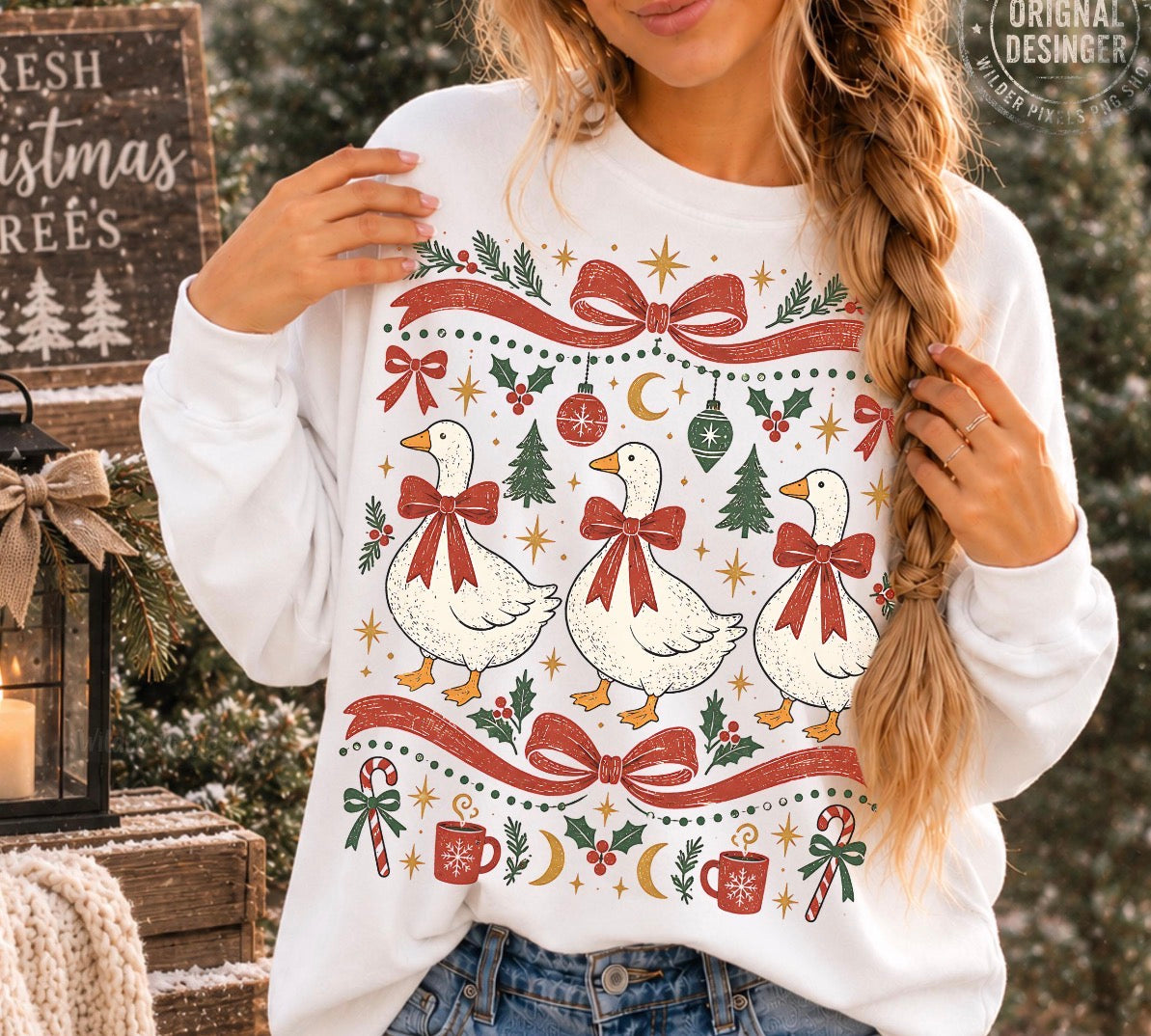 Christmas Goose Bow Crewneck Sweatshirt