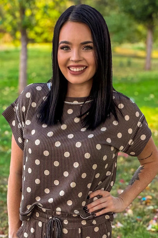 Mocha Polka Dot Ribbed Short Sleeve Top