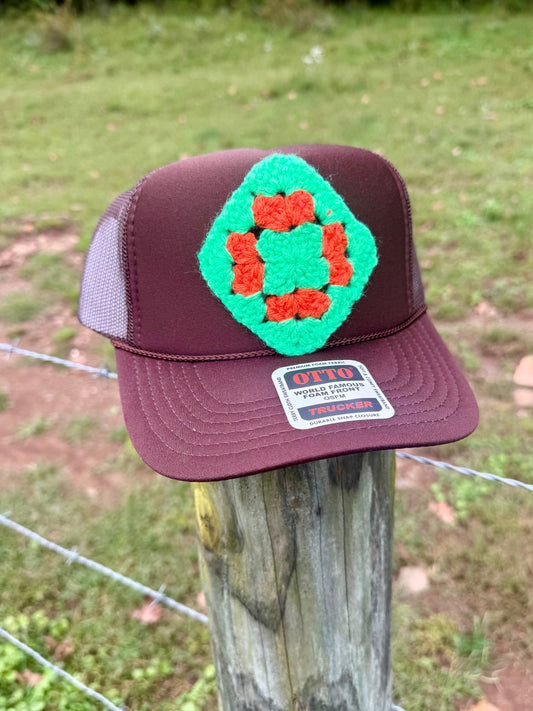 Brown  Trucker Hat with Turquoise & Orange Textured Patch