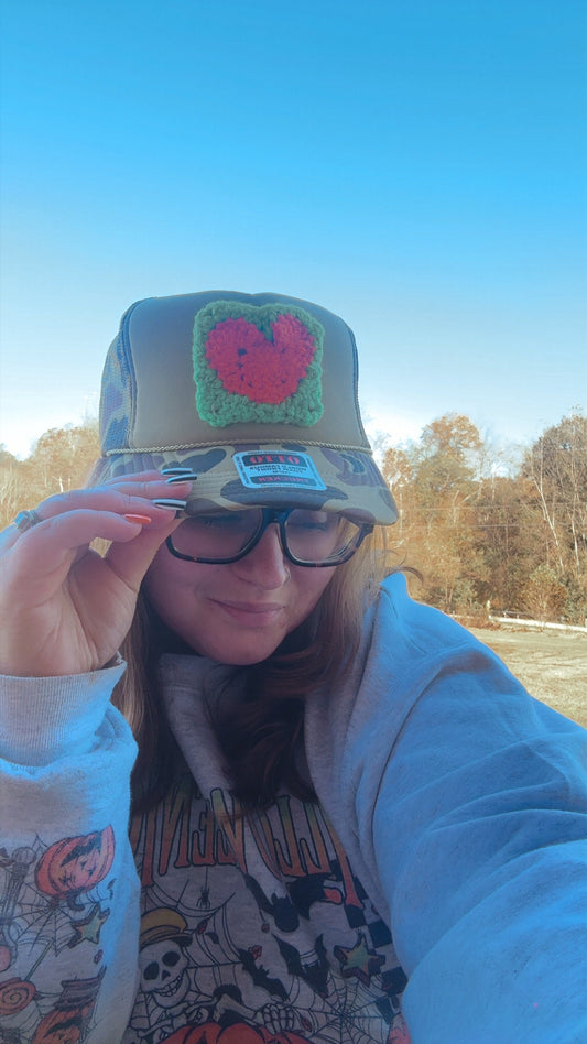 Camo Bill Trucker Hat with Orange Heart Crochet Patch