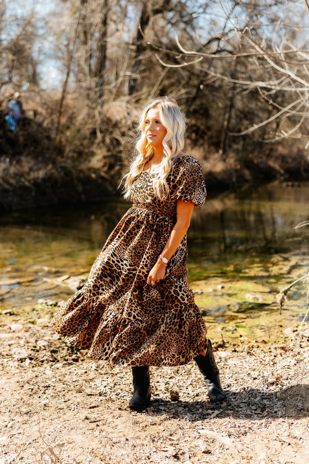 PUFF SLEEVE MIDI DRESS, LEOPARD