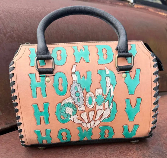 Howdy Turquoise Skeleton Hand Western Handbag