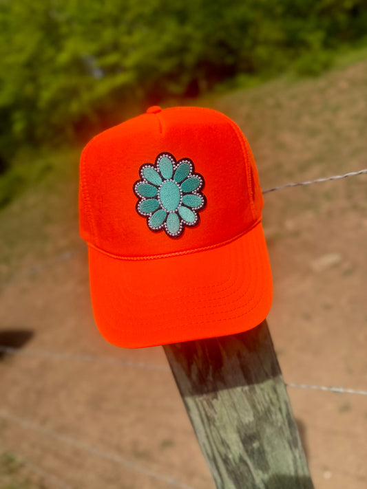 Orange Blaze Turquoise Blossom Trucker Hat