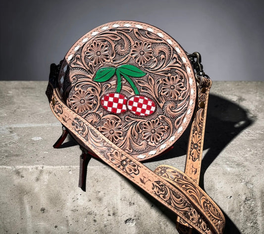 Checkered Cherry Western Round Crossbody Bag