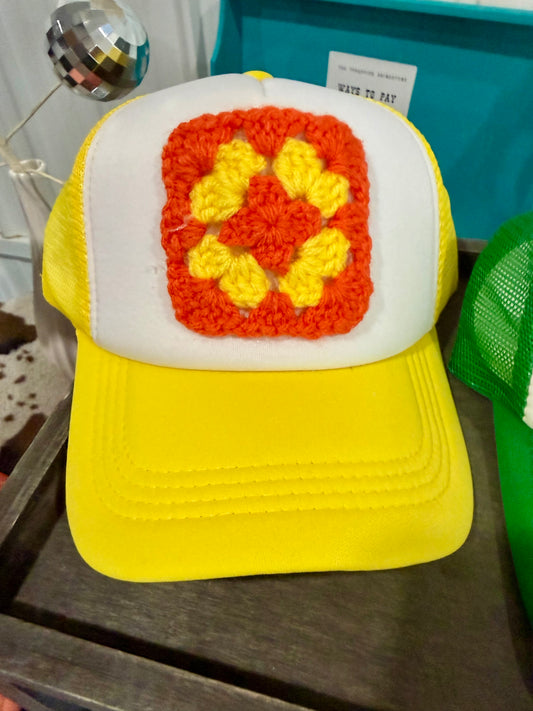 Yellow/Orange Granny Square Trucker Hat