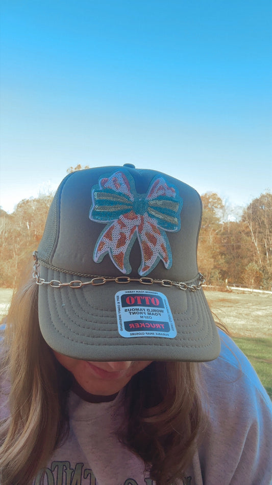 Olive Trucker Hat with Turquoise & Cow-Print Sequin Bow