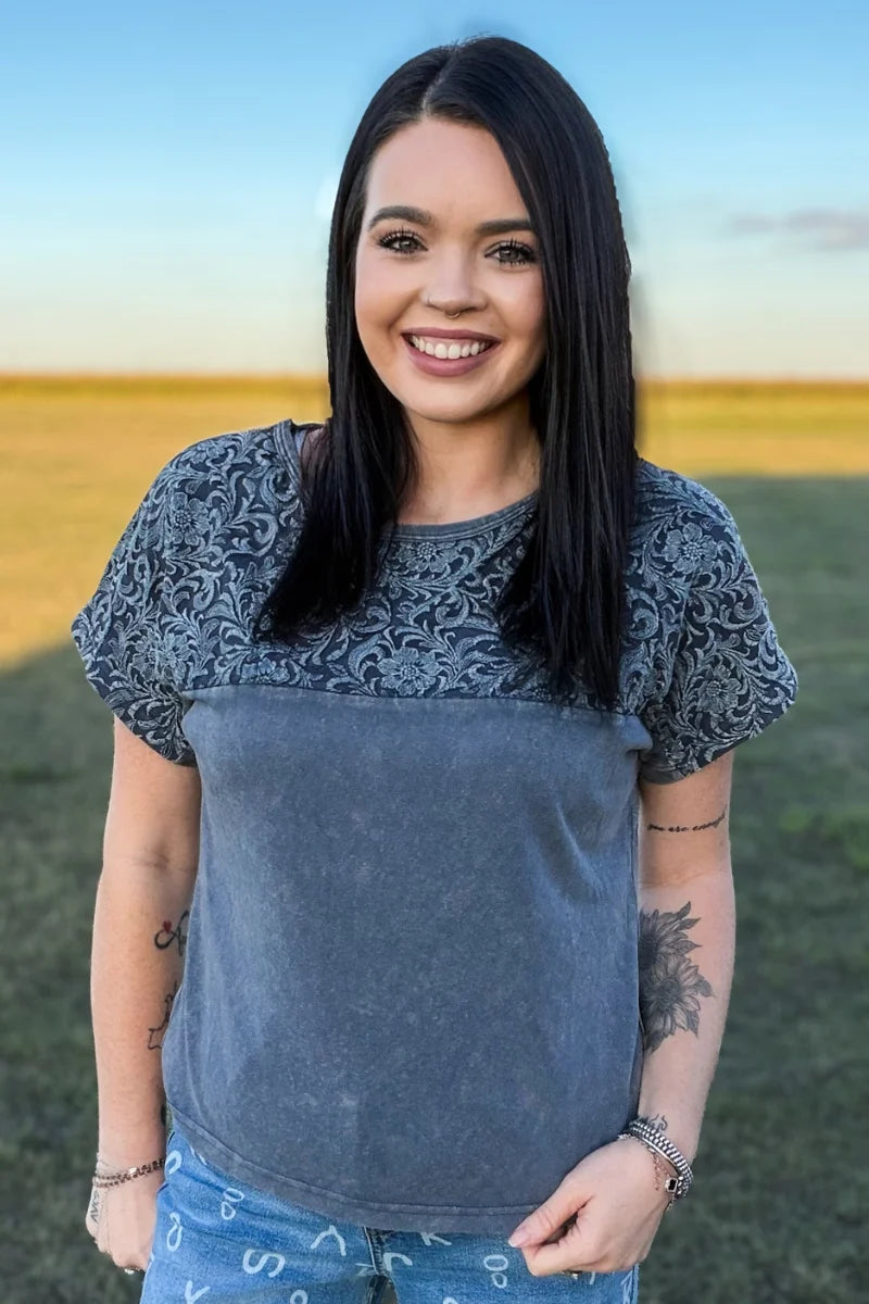 OUT WEST TOOLED TOP - DENIM BLUE