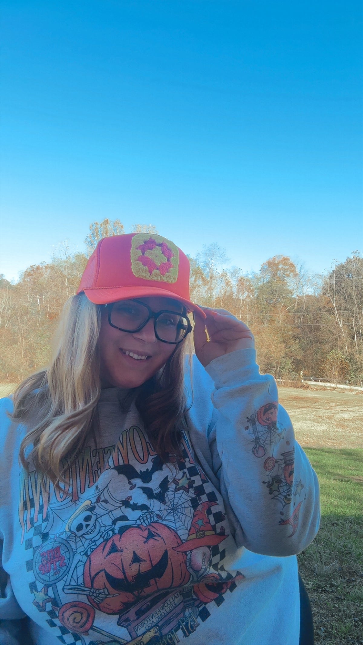 Neon Orange Trucker Hat with Yellow & Orange Crochet Patch