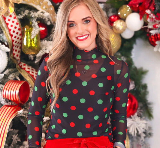 Christmas Polka Dot Sheer Mock Neck Top