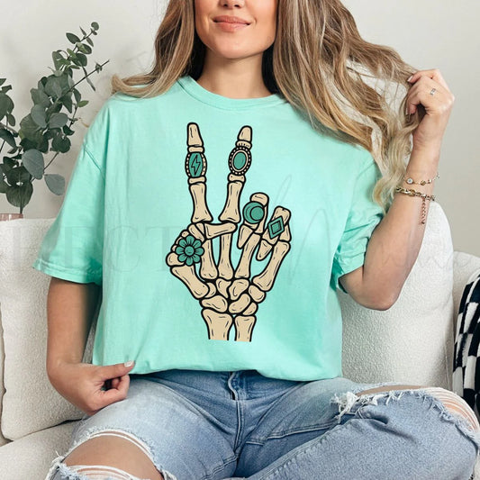 Turquoise Skelly Hand Tee