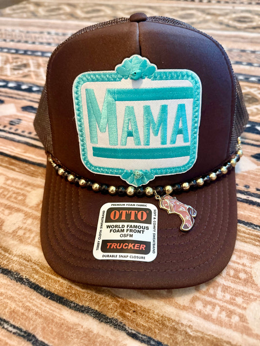 Brown & Turquoise MAMA Trucker Hat with Boot Charm