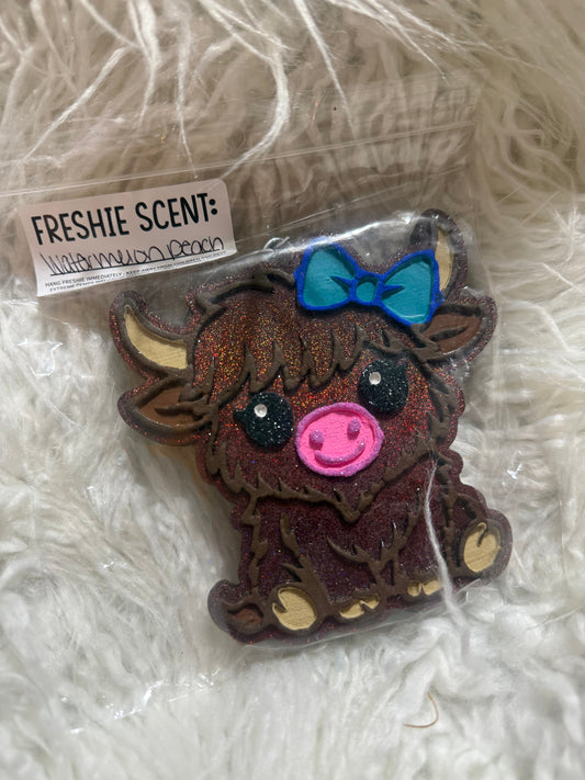 Highland Cow Car Freshie with Blue Bow – Watermelon Peach