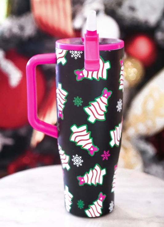 Christmas Tree Tumbler with Hot Pink Handle