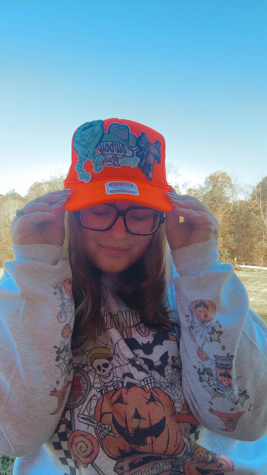 Neon Orange Cowboy Babe Western Patch Trucker Hat