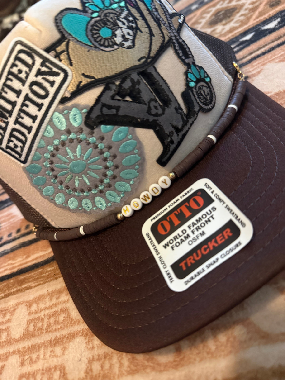 Howdy Western Turquoise Accent Brown Trucker Hat