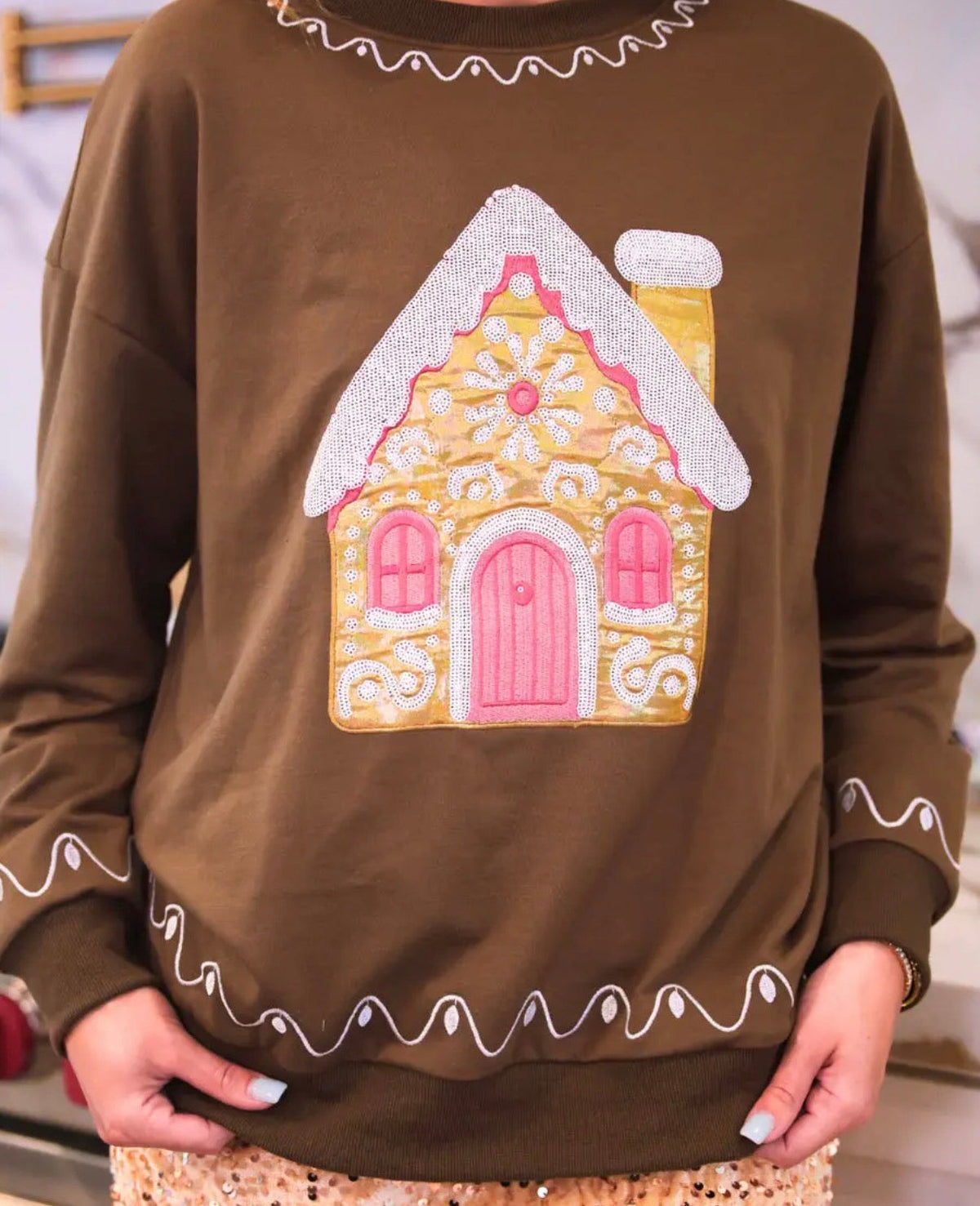 Pink Gingerbread House Christmas Sweatshirt – Brown Crewneck