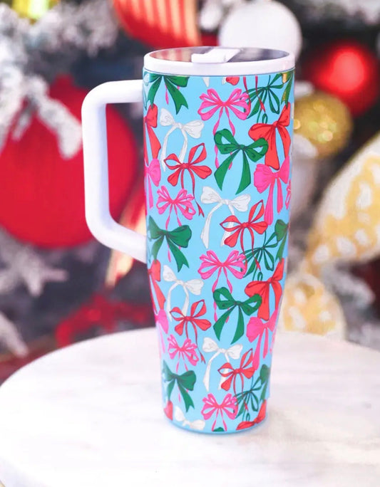 Christmas Bow Tumbler with White Handle