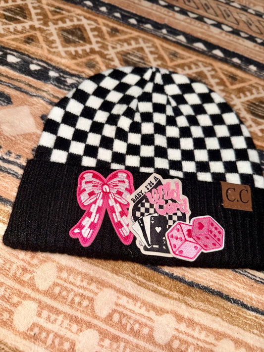 Wild Card Pink Bow Checkerboard Beanie
