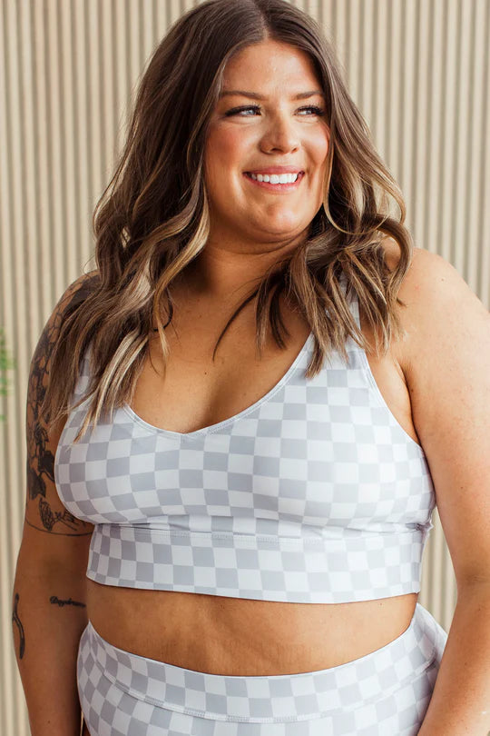 Crashing Waves Bikini Swim Top- Grey & White Checkered