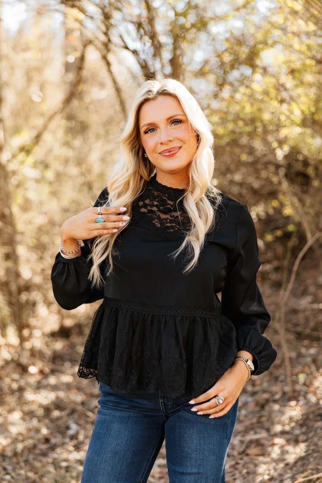 HIGH NECK BLOUSE WITH LACE PEPLUM