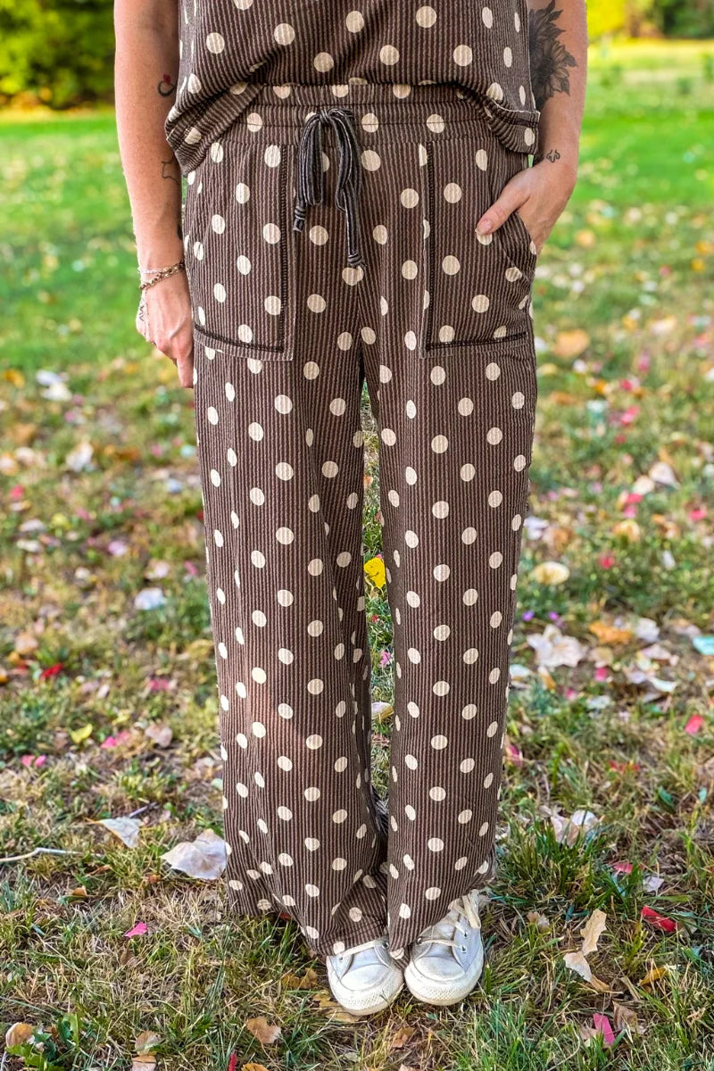 Mocha Polka Dot Ribbed Wide Leg Pants