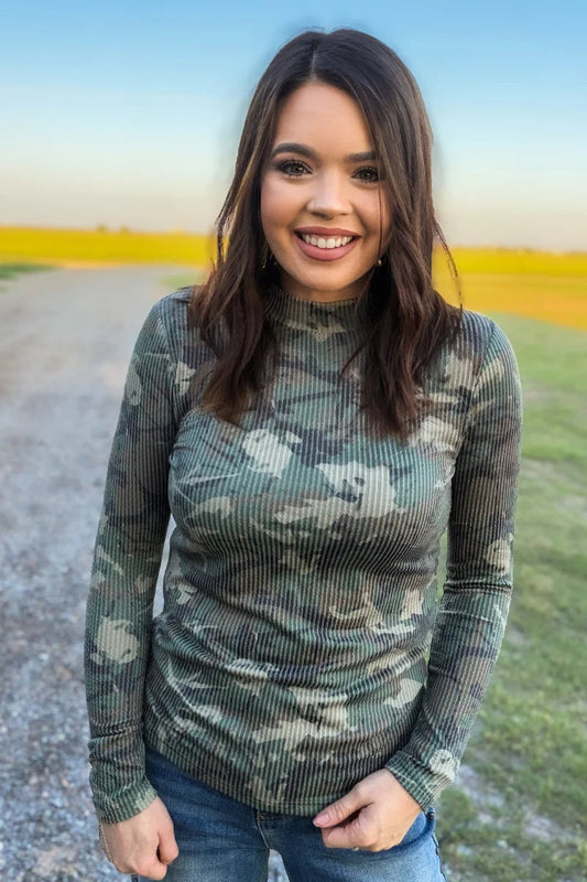 Camo Ribbed Mock Neck Long Sleeve Top