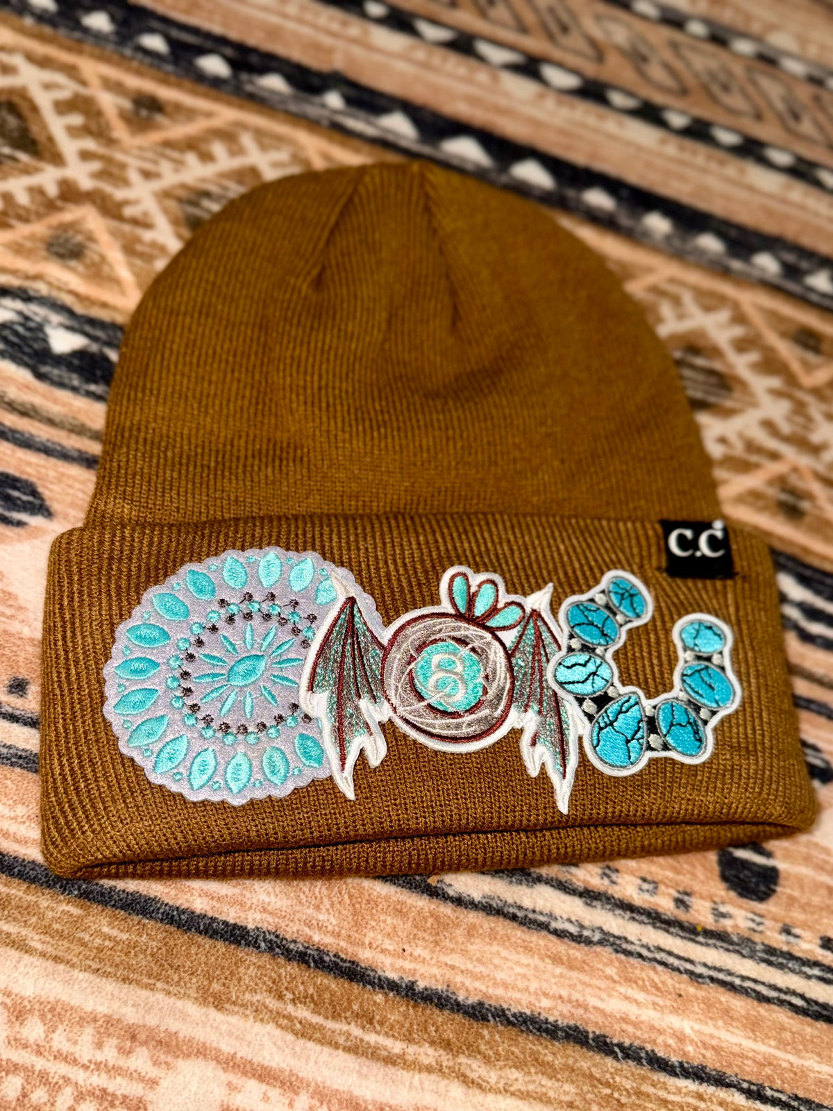 Soooky Mustard Western Turquoise Patch Beanie