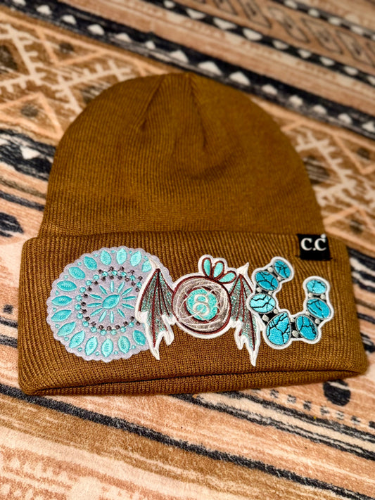 Soooky Mustard Western Turquoise Patch Beanie