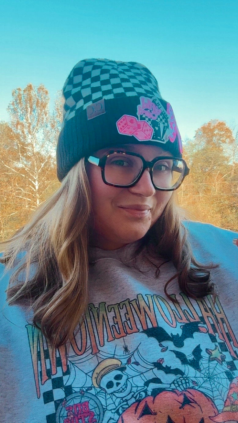 Wild Card Pink Bow Checkerboard Beanie