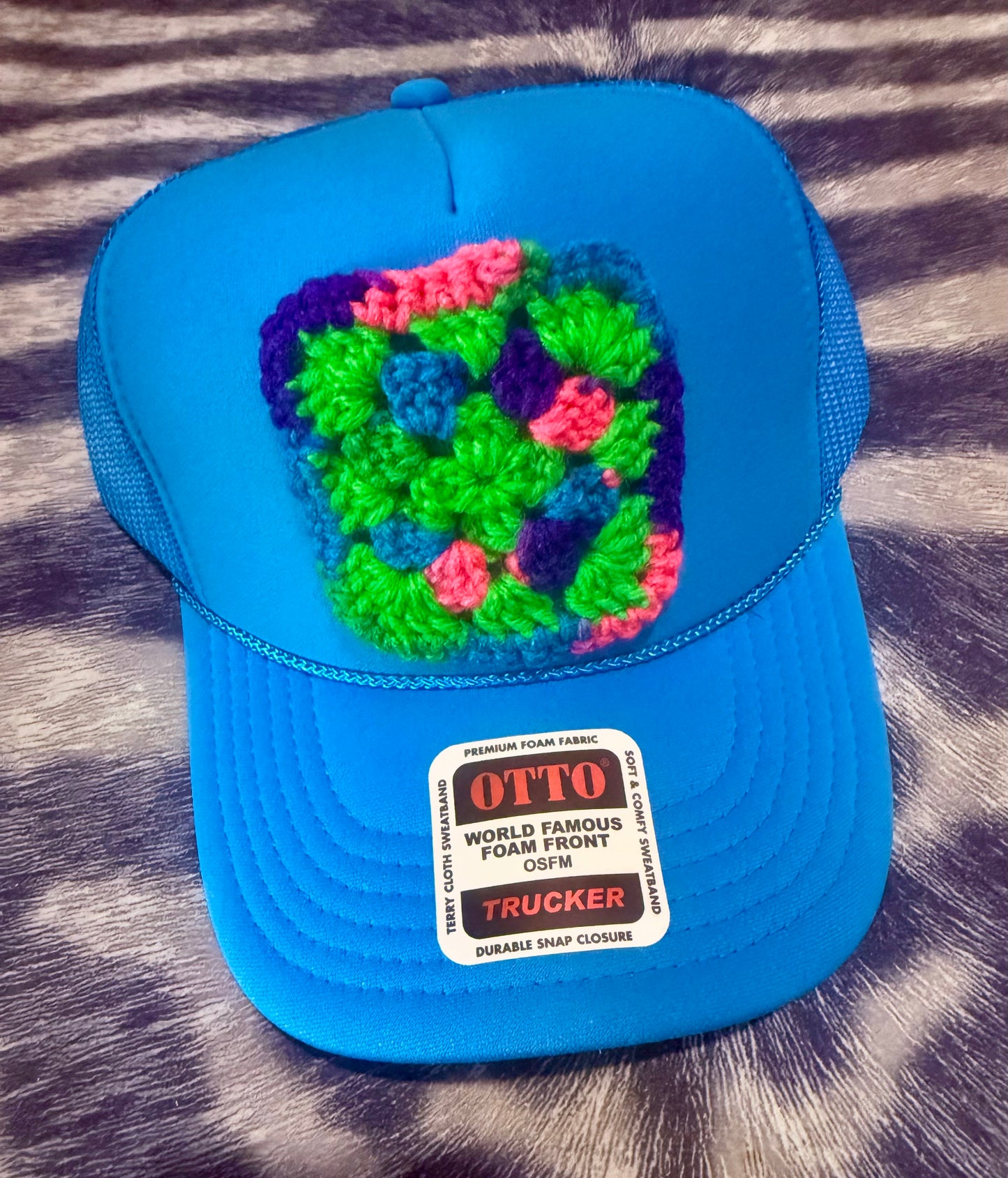 Neon Granny Square Trucker Hat