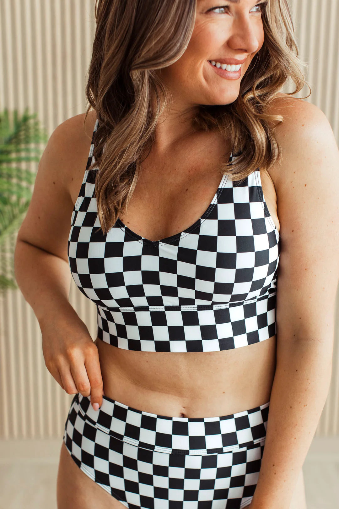 Crashing Waves Bikini Swim Top- Black & White Checkered