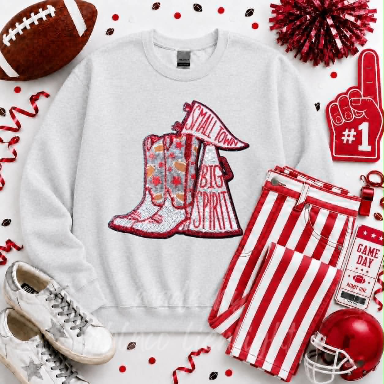 Small town Big Spirit Sequin Patch Crew ( red and white )