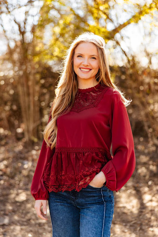 HIGH NECK BLOUSE WITH LACE PEPLUM